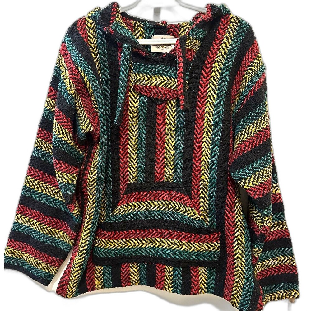Earth Ragz Baja Hoodie XL Rasta Striped Mexican Drug Rug Pullover – Flawed